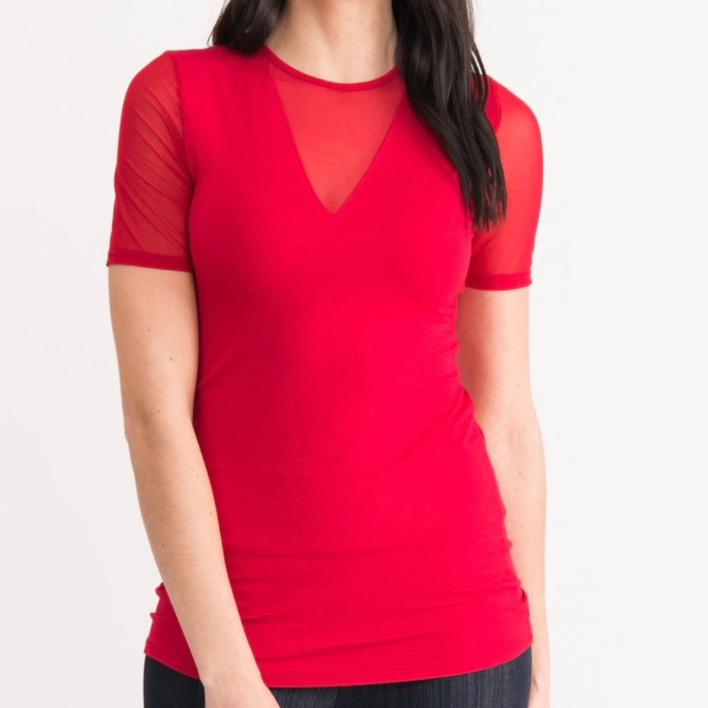 NEW!! Sheer V-Neck Tee-Cherry - Picture 2 of 3